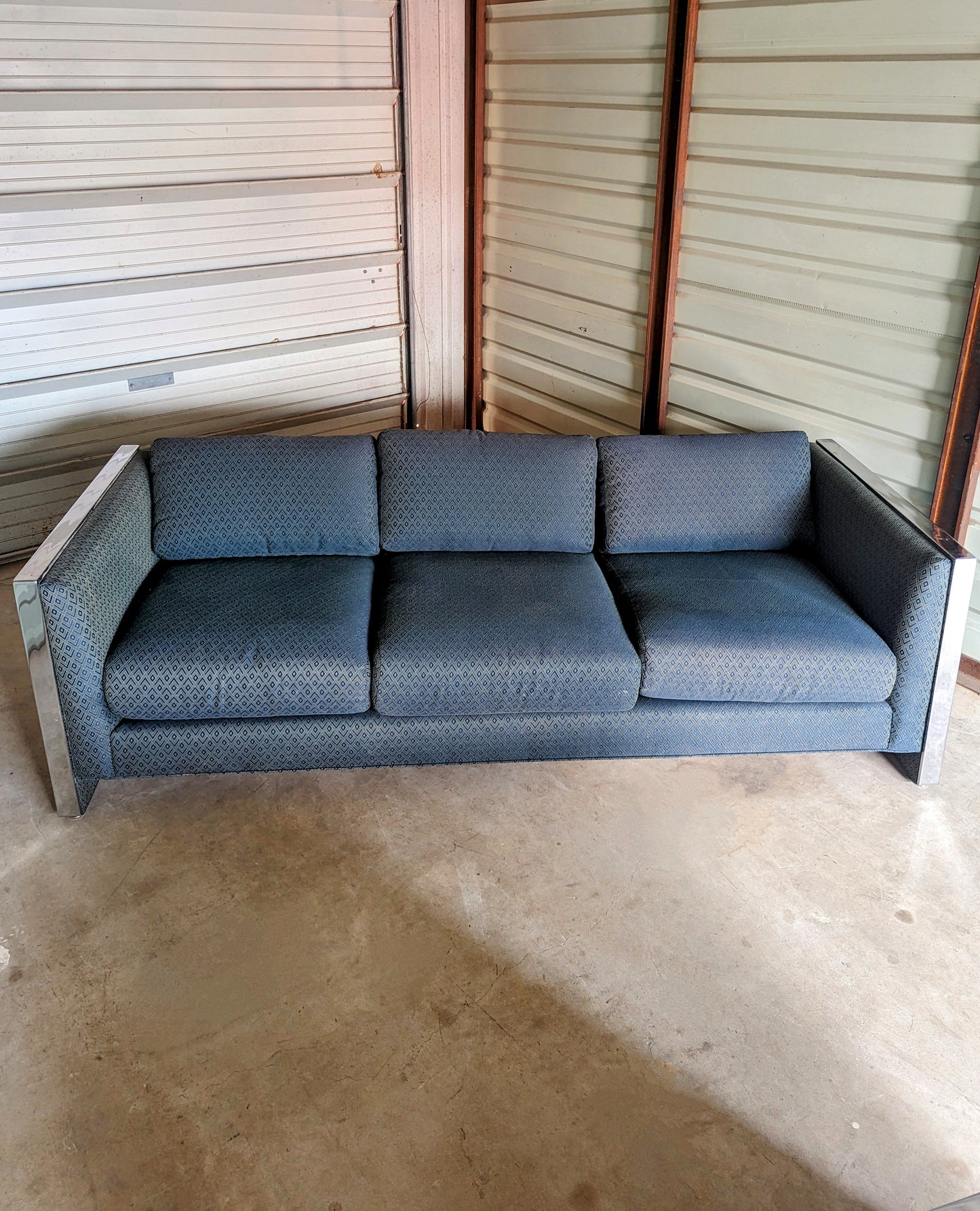 Milo Baughman Style Chrome Arm 3 Seat Sofa in Blue