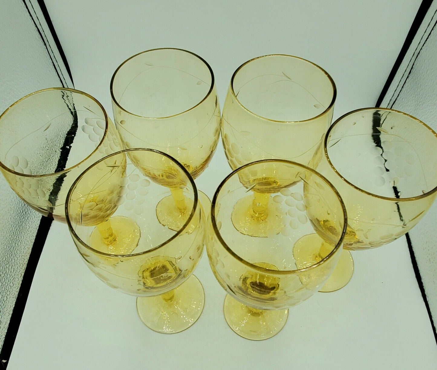 1930's Set of 8 Depression Era Etched Yellow Goblet Wine  Glasses 8 inches
