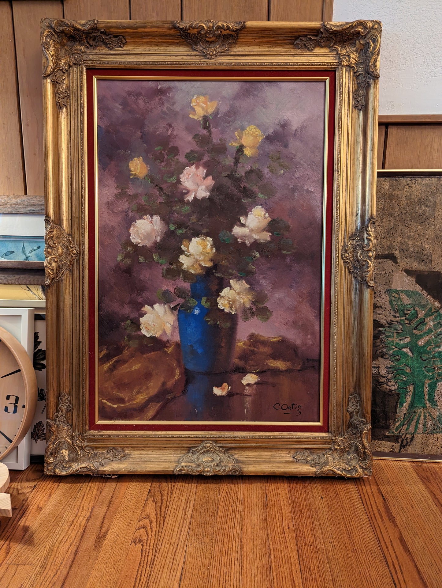Original Rose Oil Painting in XXL Gold Gilt Frame